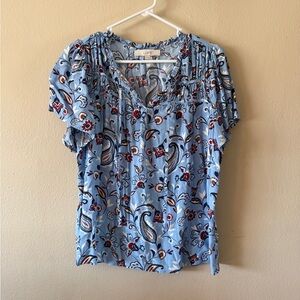 LOFT Blue Paisley Ruffle Tie-Neck Gathered Yoke Top Boho Chic size M